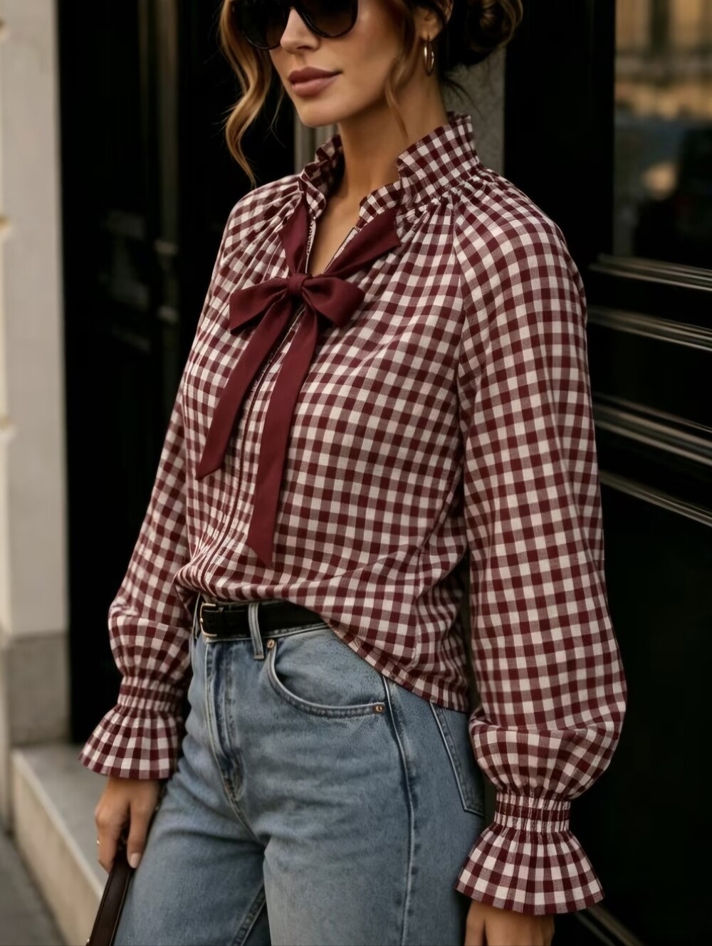 Wine Red Plaid Shirt for Women with Bow Collar, Ruffle Hem, and Long Sleeves